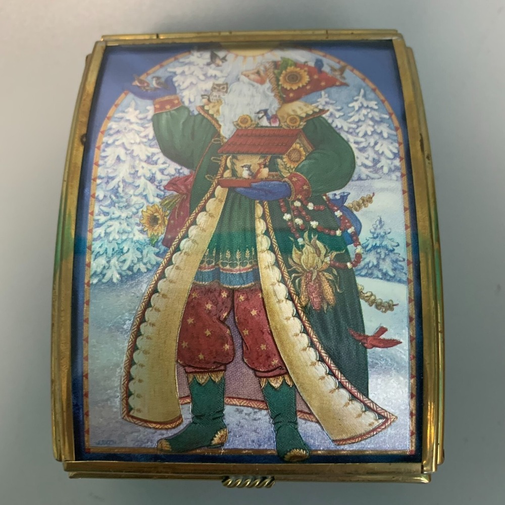 Via Vermont Thomas Cathey Stained Glass Trinket Box Santa Christmas 1993 Vintage